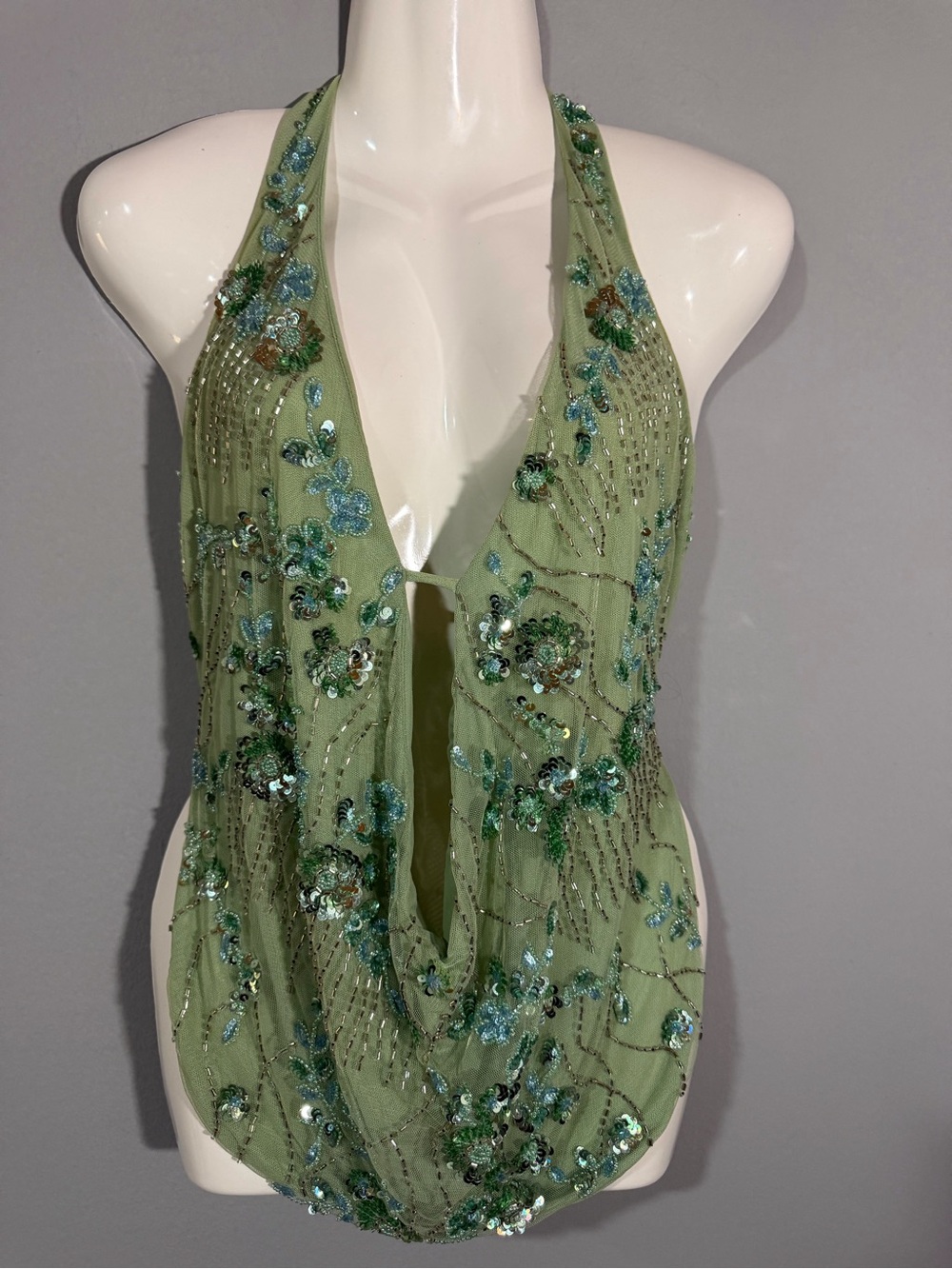 Embellished Halter Neck Beaded Top - Light Green